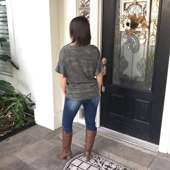 Camouflage Ribbed Ruffle Off Shoulder Dolman Top Green 0919 - Picture 7 of 12